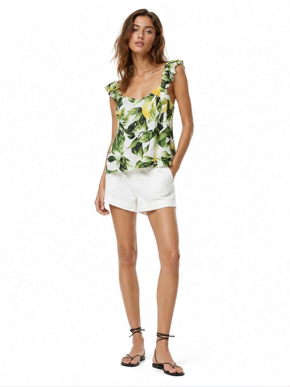 H&M White Lemon Print Ruffle Strap Camisole – Small EUC